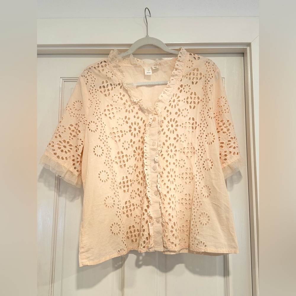 Joie Blouse - Pink Eyelet Top with pink ruffles on sleeve